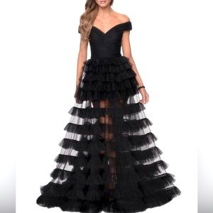 LA FEMME - OFF THE SHOULDER SHEER TULLE BALLGOWN - BLACK - SIZE 2